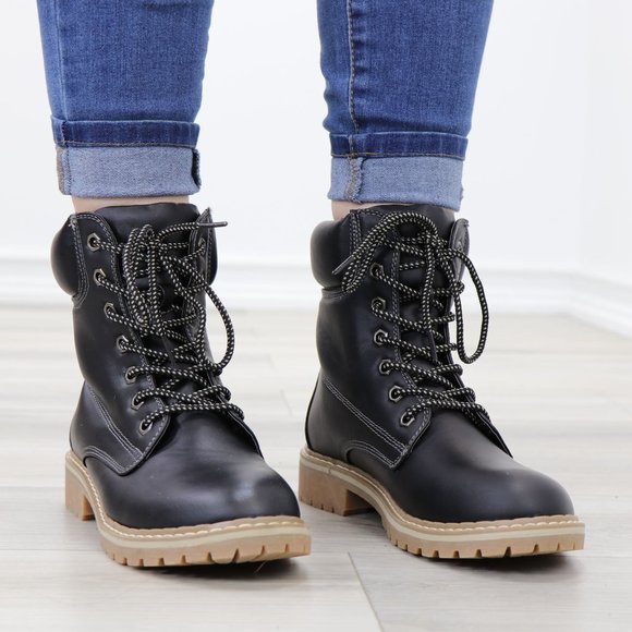 Woman's Faux Leather Lug-Sole Combat Ankle Boots - Picture 3 of 12